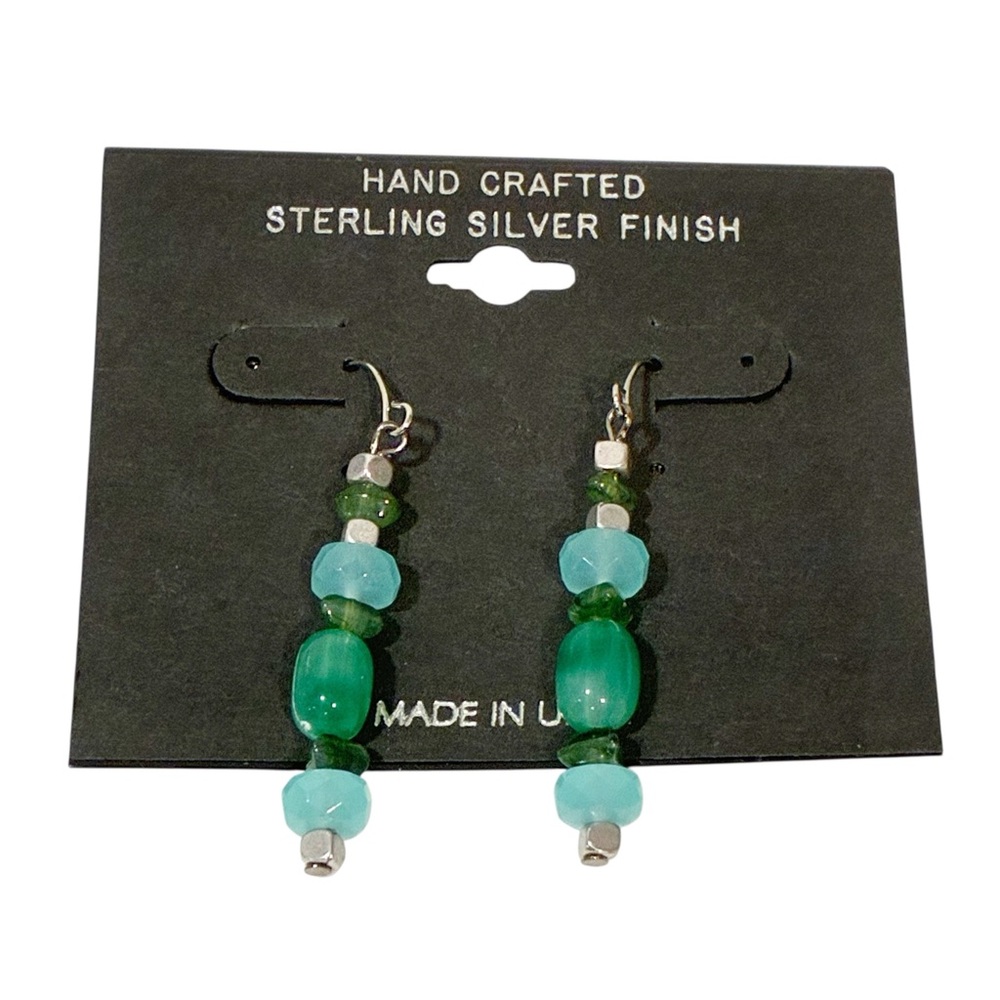 Vintage Hand Crafted‎ Sterling Silver Finish Green Blue Tone Beaded Earring NEW
